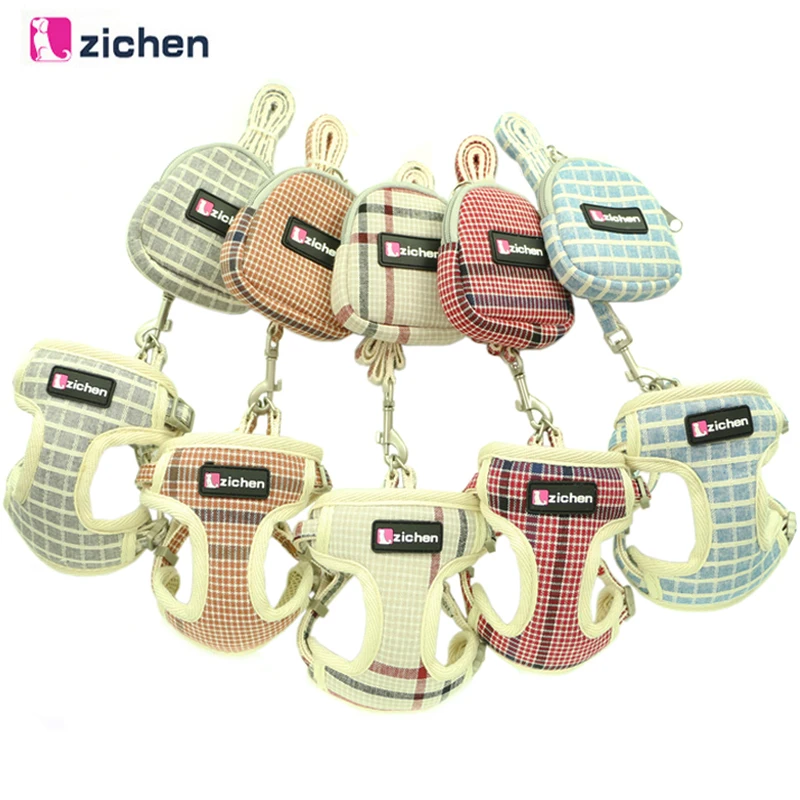 

Zichen Pet Dog Harness Leash Snack Bag Adjust Plaid Breathable Fiber Cotton Cloth Dog Harness Vest Double Reinforcement S-M