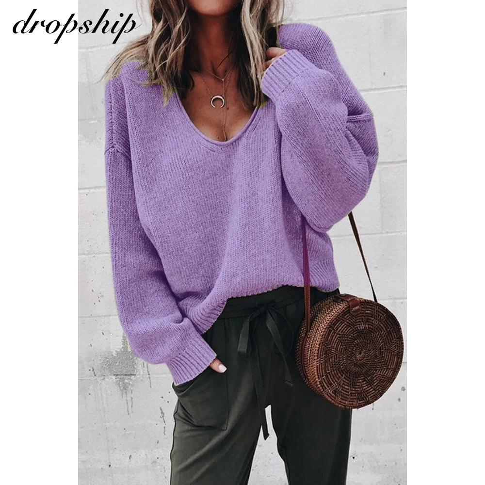 

New 2019 Autumn Winter Women's Sweaters V-Neck Soft Tops Fashionable Korean Style Knitting Casual Solid Outwear Jumper