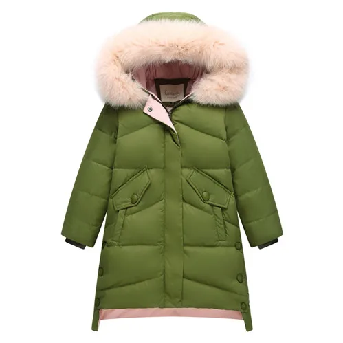 Girls Winter Down Jacket Korean Fashion Kids Thicken Hooded Long Outerwear Coat For School Girl 5 7 9 11 13 15 Years Parkas - Цвет: amy green