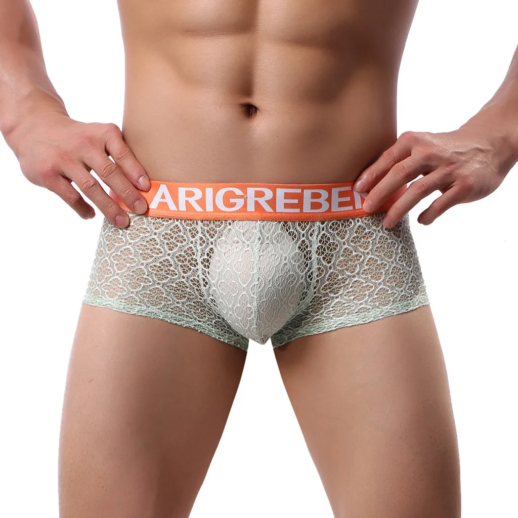 Boxer Men's Sexy Breathable Gay Underwear Mesh Lace Sissy Underwear Shorts panties Raised Qucik-Dry underpants cueca masculina