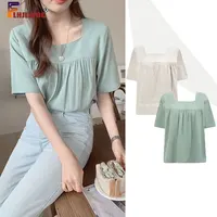 Cotton Linen Tops Summer Casual Cute Sweet Preppy Style Girls Square Collar Green Women Shirts Blouses Vintage Clothing 1