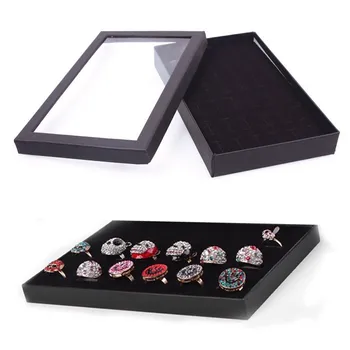 

36 Slots Velvet Ring Earring Tray Transparent Window Show Case Jewelry Organizer Holder Earrings Jewelry Showcase Stand Display