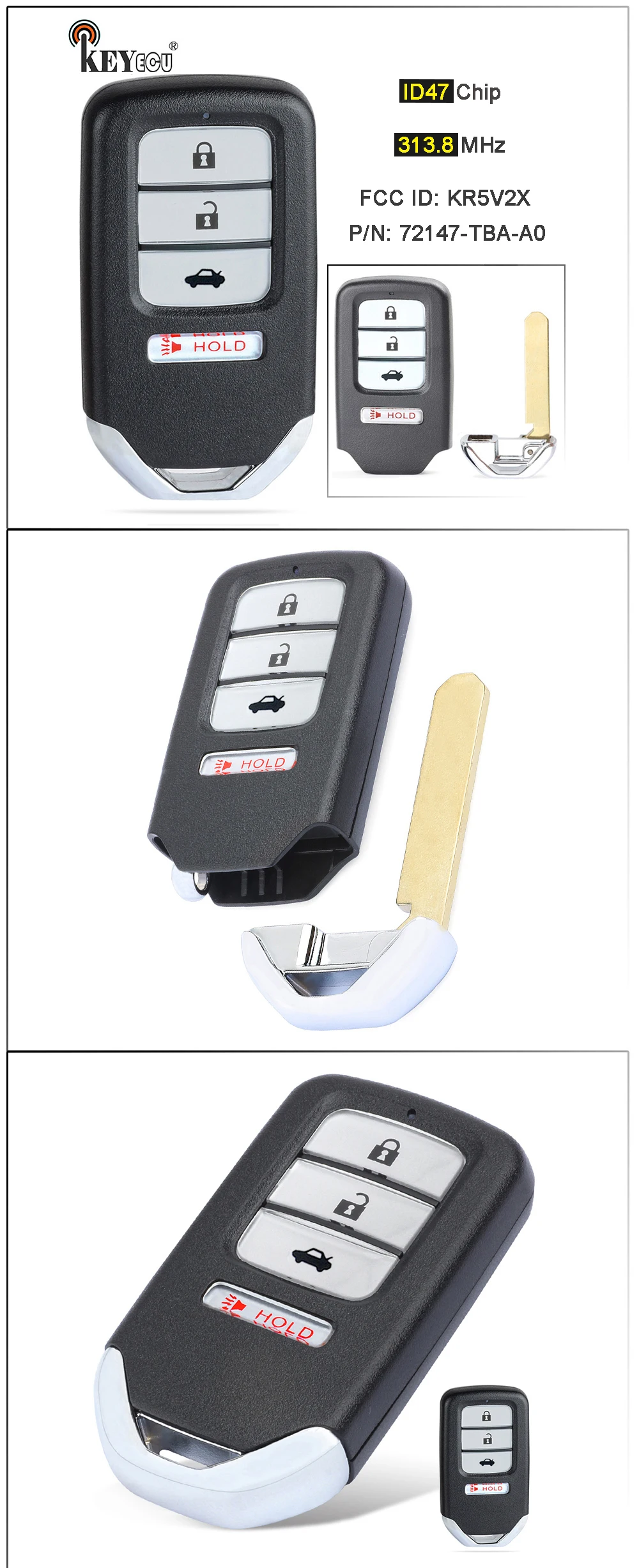 Keyecu 313.8mhz Id47 Fcc Id: Kr5v2x A2c92005000 72147-tba-a0 Smart 3+1 4  Button Remote Car Key Fob For Honda Civic 2016-2020 - Car Key - AliExpress
