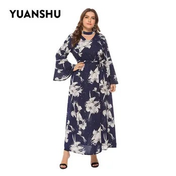 

YUANSHU Spring Floral Print Plus Size Long Dress Women Lace-up Flare Sleeve Large Size Dresses XL-3XL