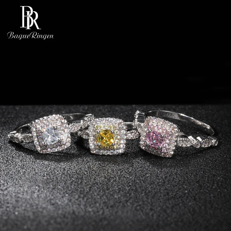 Bague Ringen, Трендовое серебро 925, Ювелирное кольцо с камнями для женщин, Геометрическая площадь, белый, желтый, розовый, AAA циркон, женские вечерние подарки