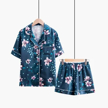 

Satin 2PCS Shirt&Shorts Casual Women Pajamas Sleepwear Summer New Nightwear Home Clothes Soft Intimate Lingerie Sleep Set