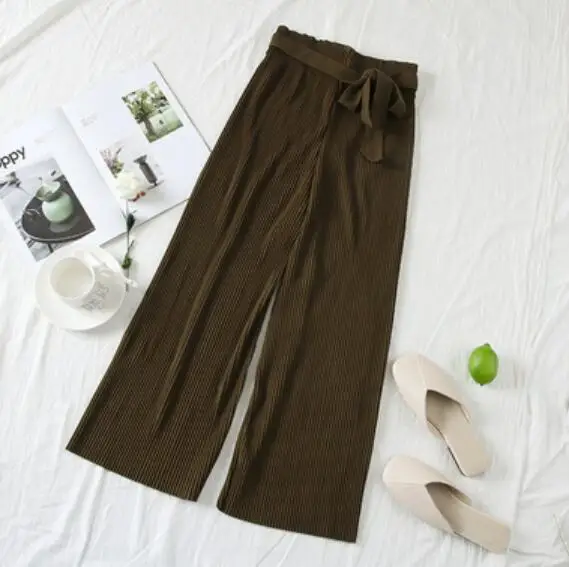 Woherb, Корейские осенние Широкие штаны, женские повседневные штаны с высокой талией и бантом на поясе, новинка, плиссированные штаны, женские брюки 21057 - Цвет: camouflage
