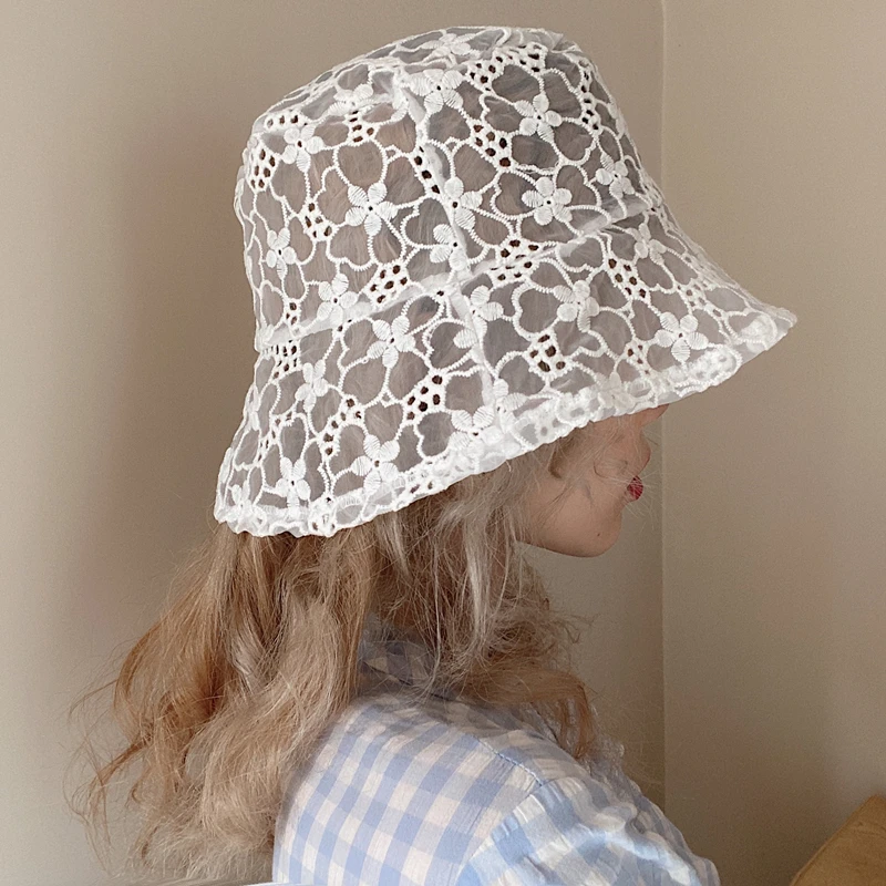 Korea Summer Black White Lace Bucket Hat Women Fashoin Sweet Flower Hollow Sun Hat Street Beach Sun Protector Cap Lady Elegant