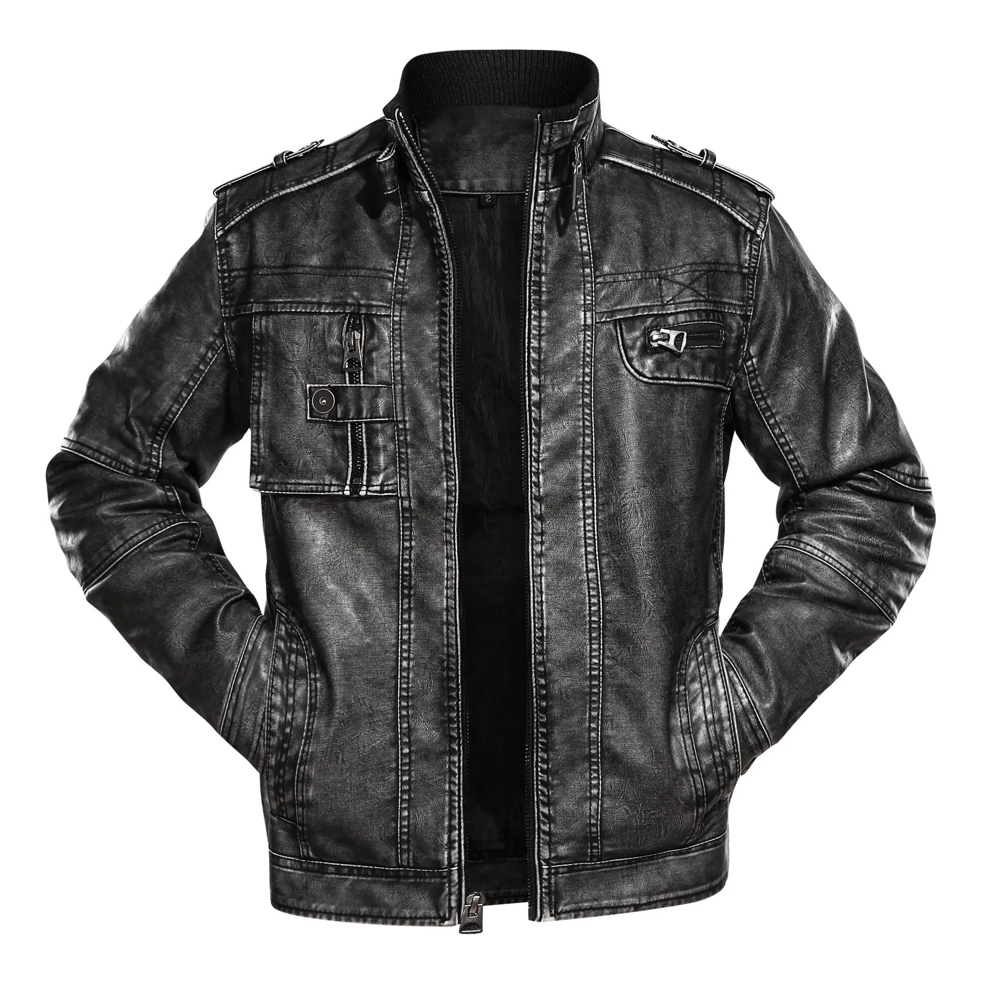 

Мужские кожаные куртки, мотоциклетные куртки со стоячим воротником и карманами на молнии, мужские пальто американского размера из искусственной кожи, Байкерская модная верхняя одежда