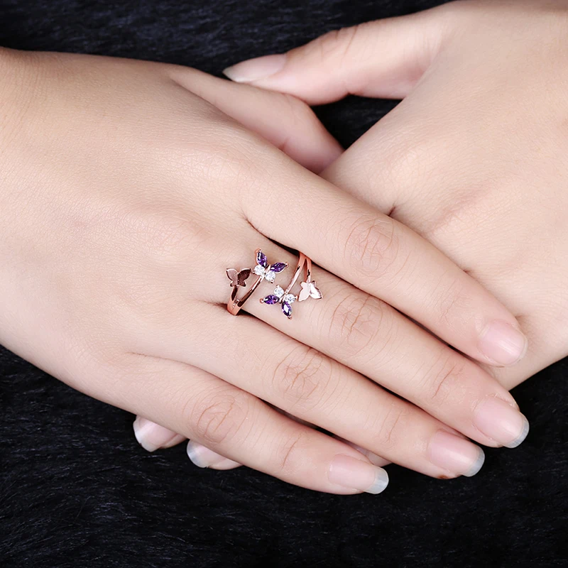 Горячая Распродажа фиолетовые Кристальные кольца Крылья бабочки для женщин Роза Золотая Аллергия Регулируемый свадебный подарок