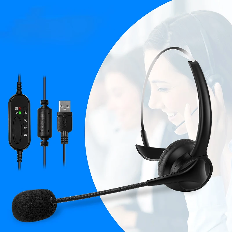 Telephone Headset Call Center Operator USB Corded Offical Headphone with Mini for Computer Laptop PC