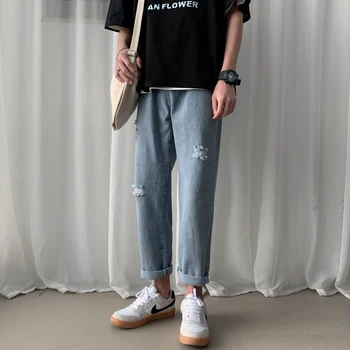 

Summer Jeans Men Streetwear 2020 Loose Mens Ripped Jeans Ankle Length All Match Casual Wide Leg Jeans For Men Black/Blue 3XL-S