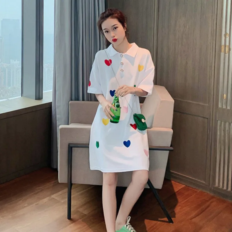 

Women Summer Loose Casual Heart-shaped Embroidered Dress Turn-down Collar Short Sleeve Sweet Dress