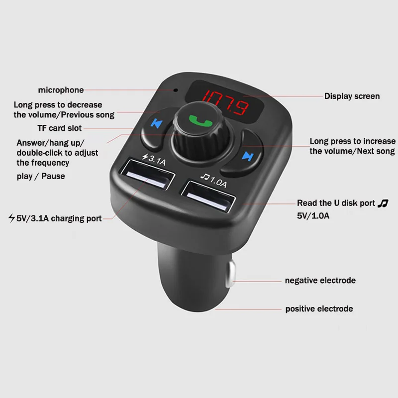 JaJaBor Wireless FM Transmitter Bluetooth 5.0 Car Kit Handsfree Stereo A2DP Car Music MP3 Player Support TF Card U Disk Playback