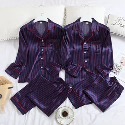 Navy Blue Couple Satin 2PCS Striped Pajamas Set M-XXXL With Pocket Sleepwear Shirt&Pant Home Wear Autumn Long Sleeve Nightwear