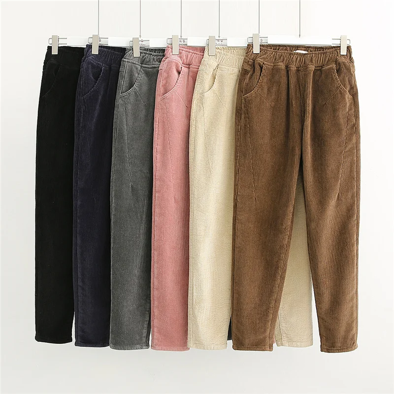 Женские винтажные вельветовые брюки с эластичной резинкой на талии, повседневные брюки с карманами, большие размеры, осенне-зимние штаны, женские свободные шаровары, C5905