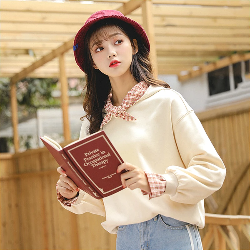 

2020 Autumn New Cotton Sweater Famel College Style Plaid Stitching Long-sleeved Sweater Jacket Hooded Pullovers