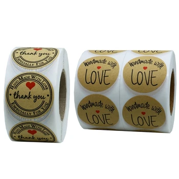 

1000Pcs 1 Inch Round Natural Kraft "Thank You Hand Made with Love" Stickers- 500Pcs Black Font & 500Pcs Red Font
