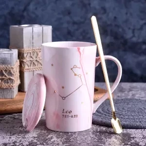 Кружка созвездие чашка Женская керамическая чашка с крышкой Ложка креативная пара чашка рождественские кружки Tazas De ceramic a Creativas - Цвет: Leo