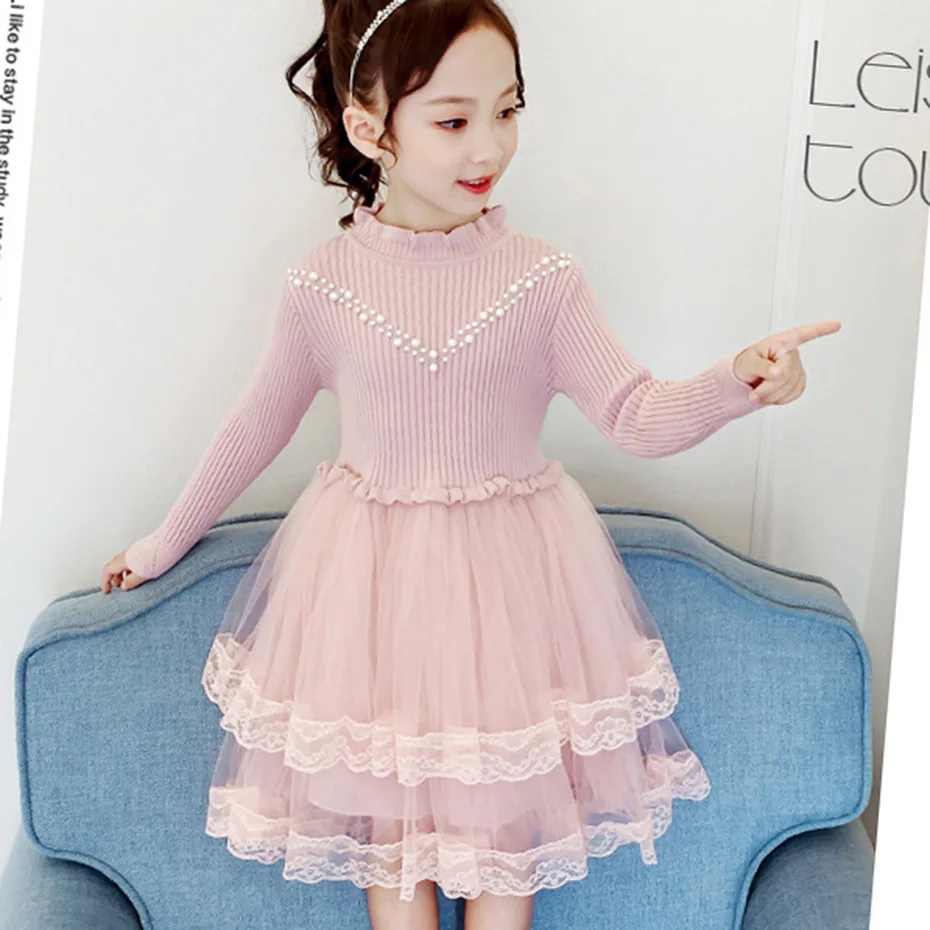 Платья для девочек; свитер в стиле пэчворк; платье для девочек; кружевное платье с вышивкой; Детская осенняя Модная вязаная одежда для девочек; Новогодняя одежда