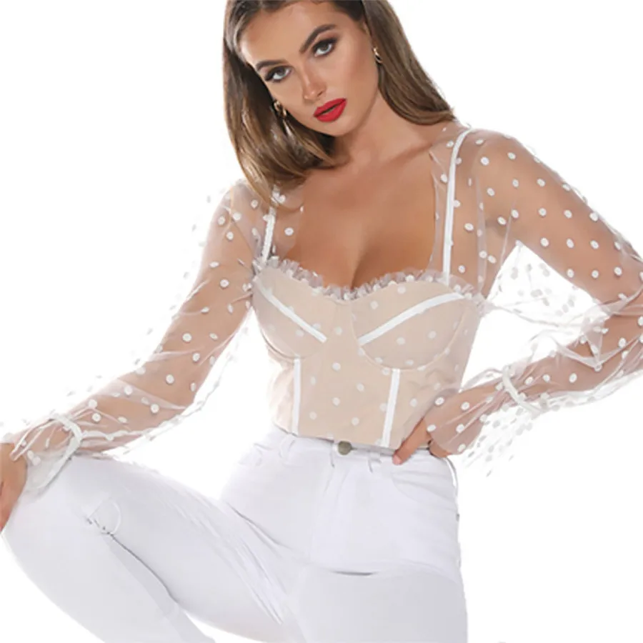 

2019 Autumn Long Sleeve T-shirt Women Dots Pattern Lace Mesh Sexy Square Collar Women Tops White and Black Women T Shirt Clothes
