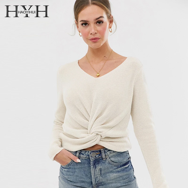 

HYH Haoyihui Autumn New Fashion Sexy Solid V-neck Cute Popular Loose Long Sleeve Thin Pullover Jumper Knitted Sweater Women