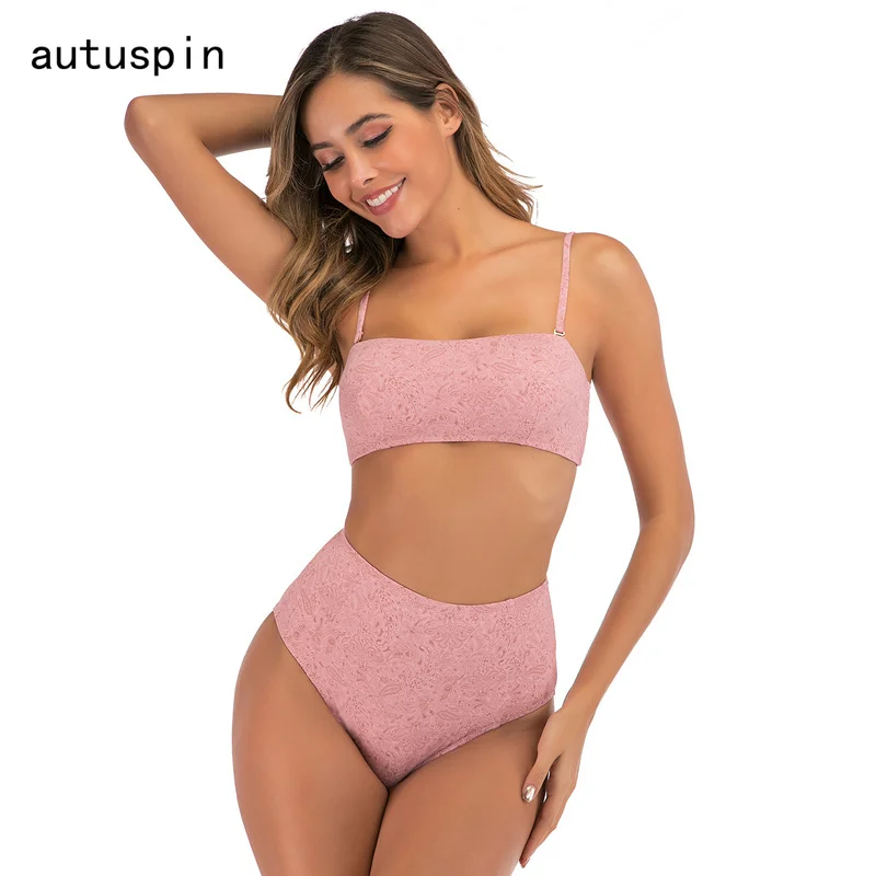 

Autuspin High Waist Bikinis Sets Pink Floral Women's Swimsuits Pad Elegant Lady Swimwear Casual Party Sexy Women Bathing Suits