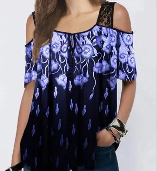 

2020 Womens Lace Printed Short-sleeved Loose T-shirt Blouse Strapless Vest