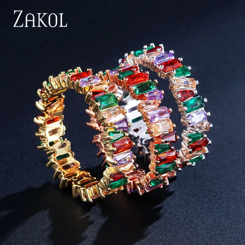 ZAKOL Fashion Luxury Multicolor Charm AAA Baguette Cubic Zirconia Wedding Rings for Women T Shape Stone Party Jewelry FSRP252