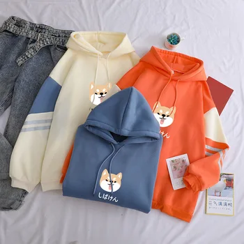 

Autumn Dog Print Fleece Women Hoodies Long Sleeve Casual Drawstring Loose Ladies Sweatshirts 2020 Harajuku Female Pullover Tops