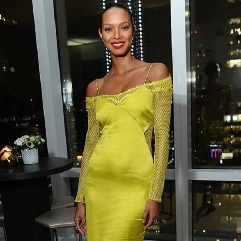 

Fashion Yellow Long Sleeve off Shoulder Spaghetti Strap Satin Lace Dress Women Celebrity Party Dress Vestidos Wholesale 2019