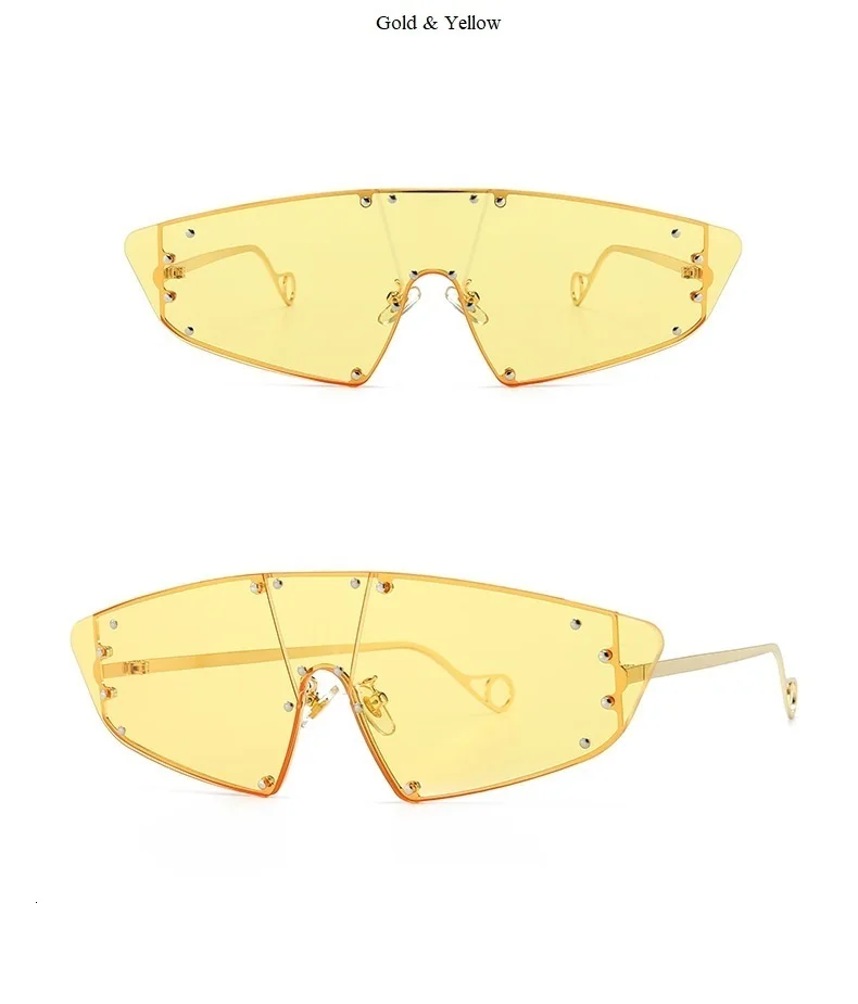 Vintage One Piece Cat Eye Sunglasses For Women Luxury Brand Oversize Square Sun Glasses Men Alloy Big Eyewear Gold Mirror