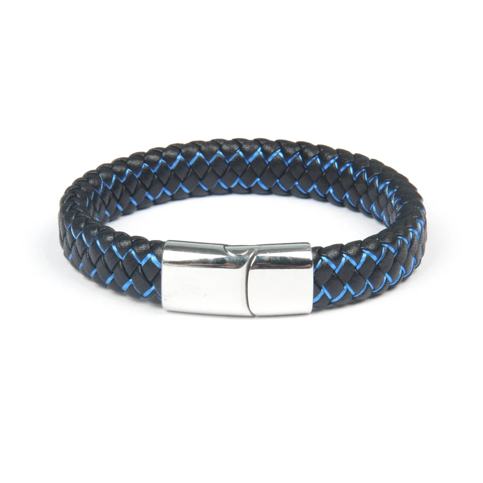 Ailatu New Genuine Blue String Braided Stainless Steel Bangles Magnet Buckle Rope Chain Male Gift - Metal Color: Silver