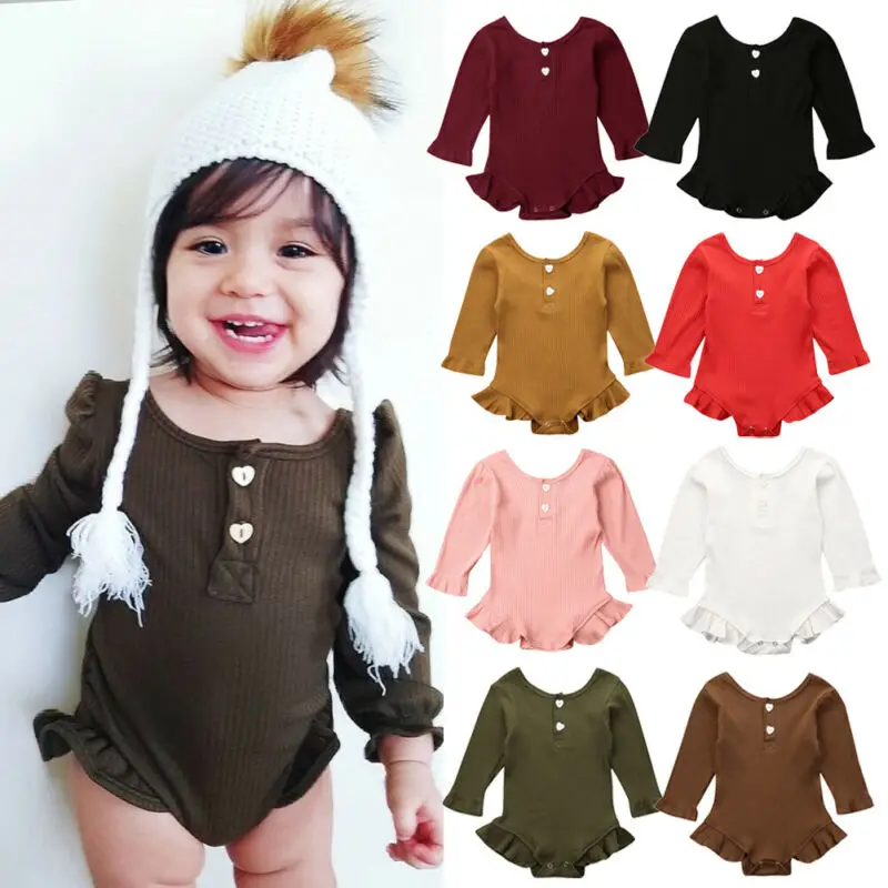 

Focusnorm 0-18M Newborn Baby Girl Solid Color Knitted Ruffle Romper Long Sleeve Jumpsuit Overall Clothes Set