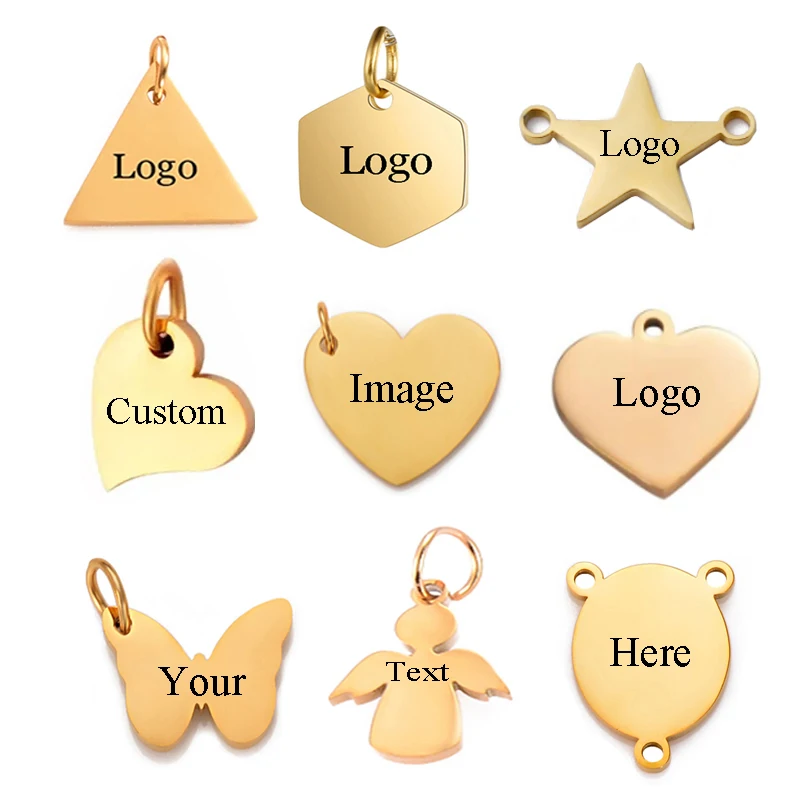 

5pcs Free Engraving Stainless Steel Polishing Heart/Star/Triangle/Butterfly/oval Charms Pendant Custom Logo Tag for DIy Jewelry