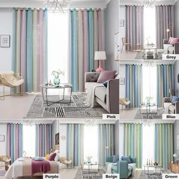 

100x250CM Romantic Rainbow Color Sheer Curtain Girl Kids Bedroom Full Blackout Window Drapes Hollow Star Curtain Home Decor