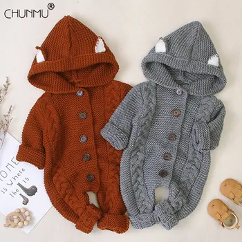 

Autumn Winter Baby Rompers Cute Ears Hooded Knitwear Infant Girl Boy Jumpsuit Kids Baby Outfits Clothes