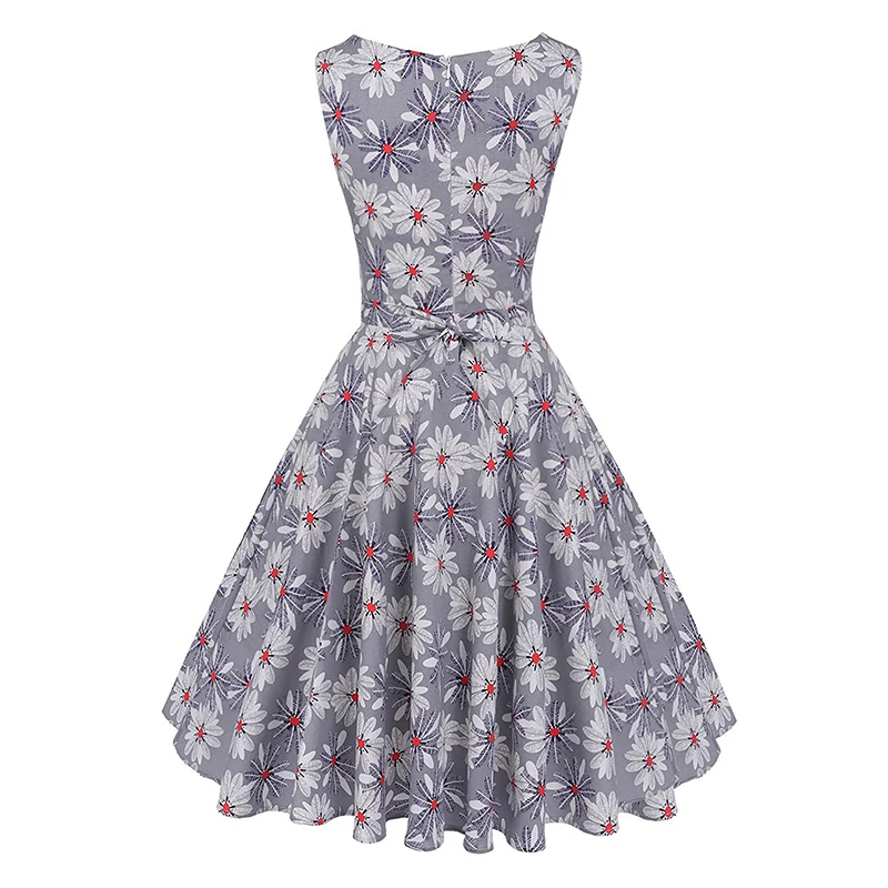 Kostlish Cotton Summer Dress Women 2017 Sleeveless Tunic 50s Vintage Dress Belt Elegant Print Rockabilly Party Dresses Sundress (62)