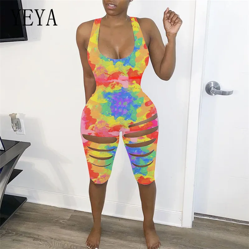 

YEYA Women Tie Dye Print Hole Skinny Bodysuit Summer Club Party Playsuit Knee Length Tank Jumpsuit Sleeveless Hollow Out Romper