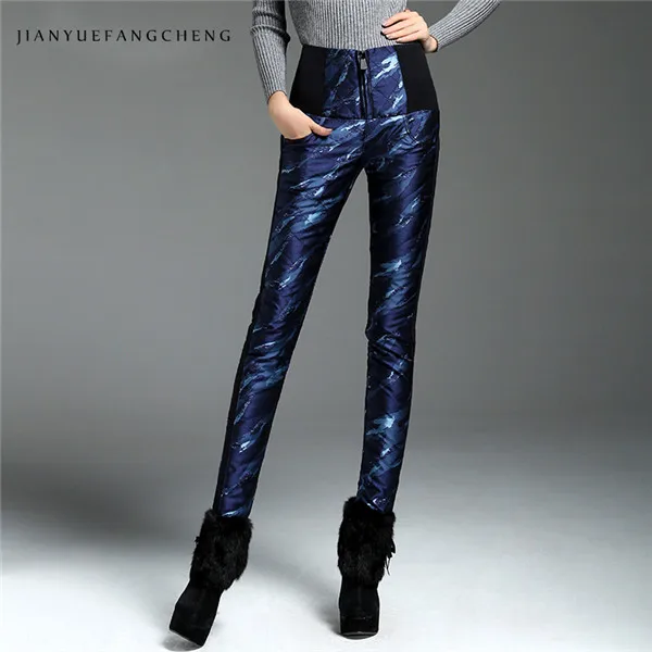 Модная верхняя одежда с высокой талией, брюки на утином пуху, зимние штаны с цветочным принтом, женские облегающие брюки размера плюс, теплые женские брюки с эластичной резинкой на талии - Цвет: Blue 1