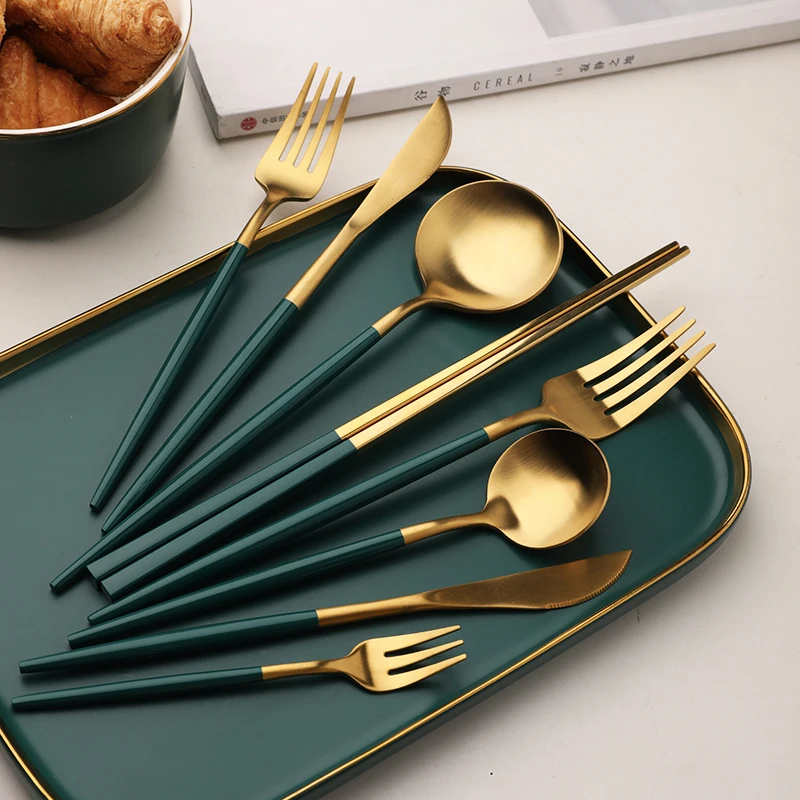 Vajilla, juego de cubertería occidental, juego de cena, palillos, tenedor, cuchara, cuchillo, vajilla, cubertería, plata, verde, dorado, envío directo|Juegos de vajilla| - AliExpress