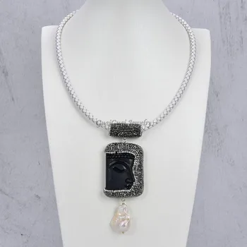 

GG Jewelry 18" White Leather Necklace Keshi Pearl Black Buddha Pendant