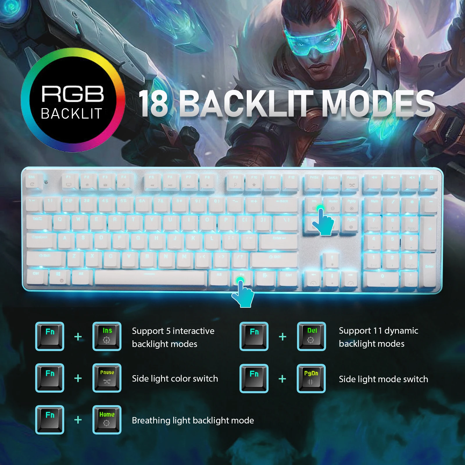 Official Original RK918 Wired Mechanical Keyboard, RGB Backlit Gaming  Keyboard with Large LED Sorrounding Side Lamp,108 Keys