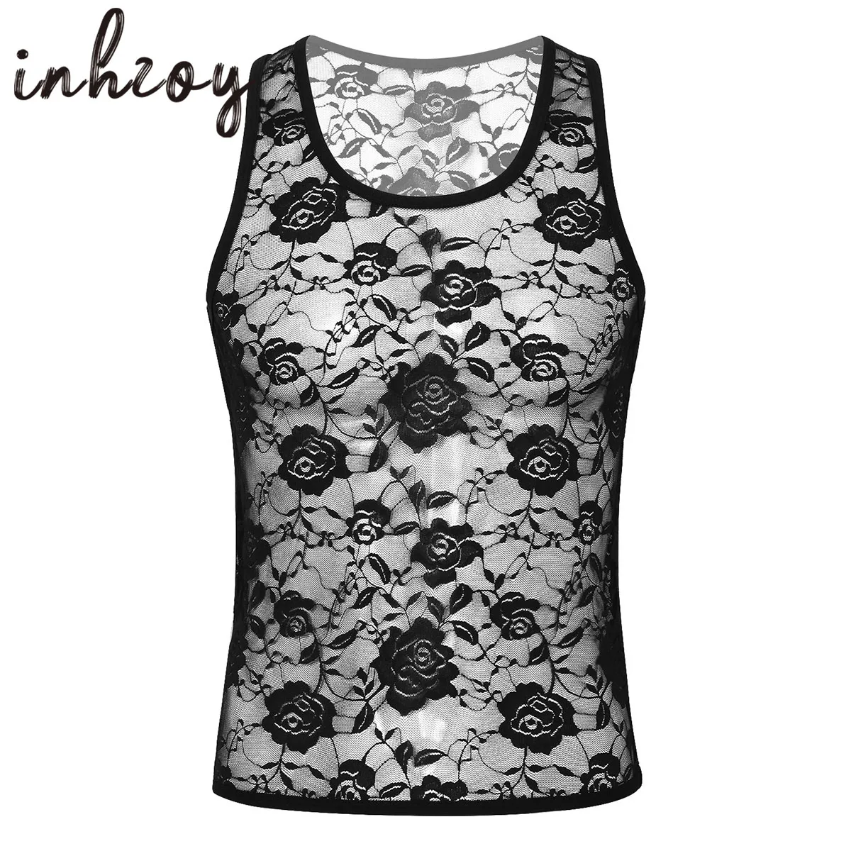 Gay Mens Sissy Lace Top See Through Sleeveless T-Shirt Undershirt Lingerie Sleep Tops Male Cross Dressing Nightwear Sleepwear sexy women lingerie lace sleep tops sleepwear sleeveless strap nightwear lace trim satin cami top pajama sets sleep clothes