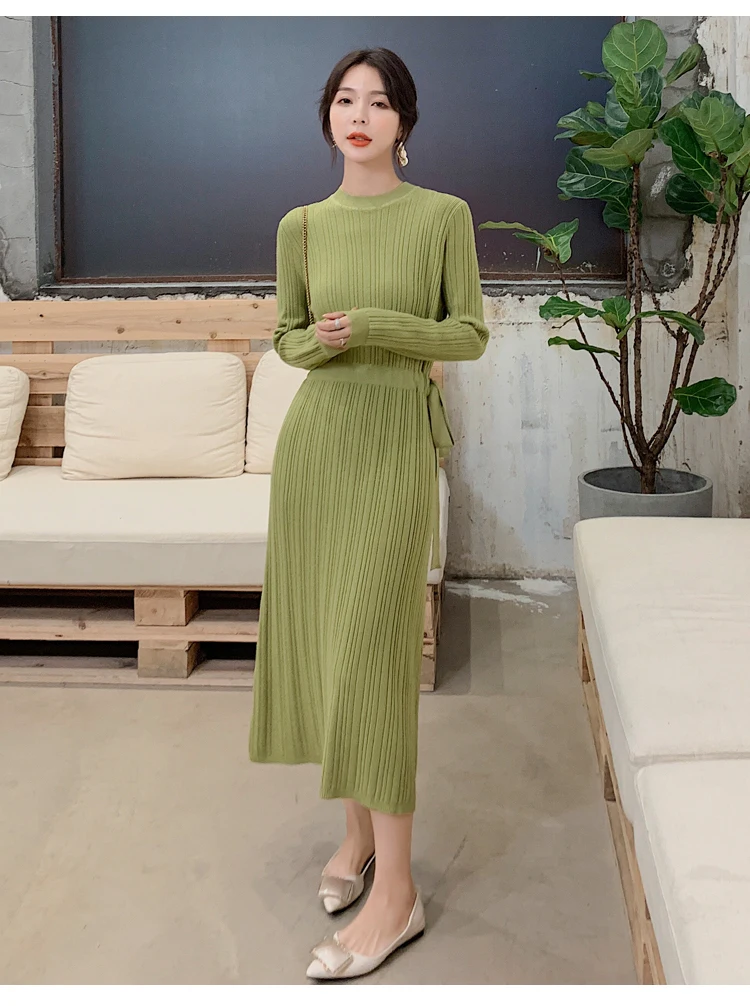 Korean Autumn Knitted Dress Women Sweater Dress Elegant Woman High Waist Bottom Sweaters Dresses Woman Stretch Sweaters Dresses