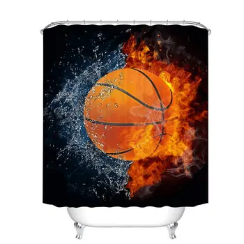 

Shower Curtain Decor Set - Basketball Ball on Fire and Water Flame Splashing Desgin Bath Curtains - Polyester Fabric Waterproof