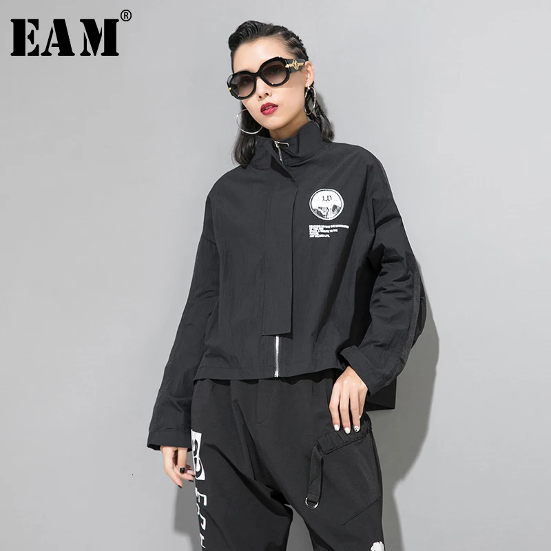 [EAM] Свободная куртка черного цвета с принтом, Новая женская куртка с длинным рукавом и стоячим воротником, модное осенне-зимнее пальто 1B779
