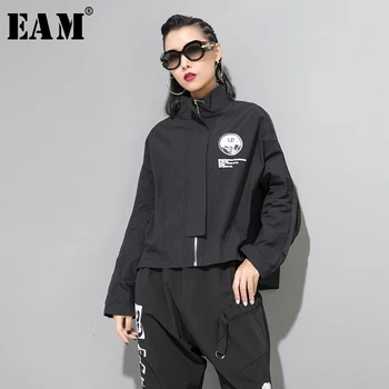 

[EAM] Loose Fit Black Pattern Print Hit Color Jacket New Stand Long Sleeve Women Coat Fashion Tide Spring Autumn 2020 1B779