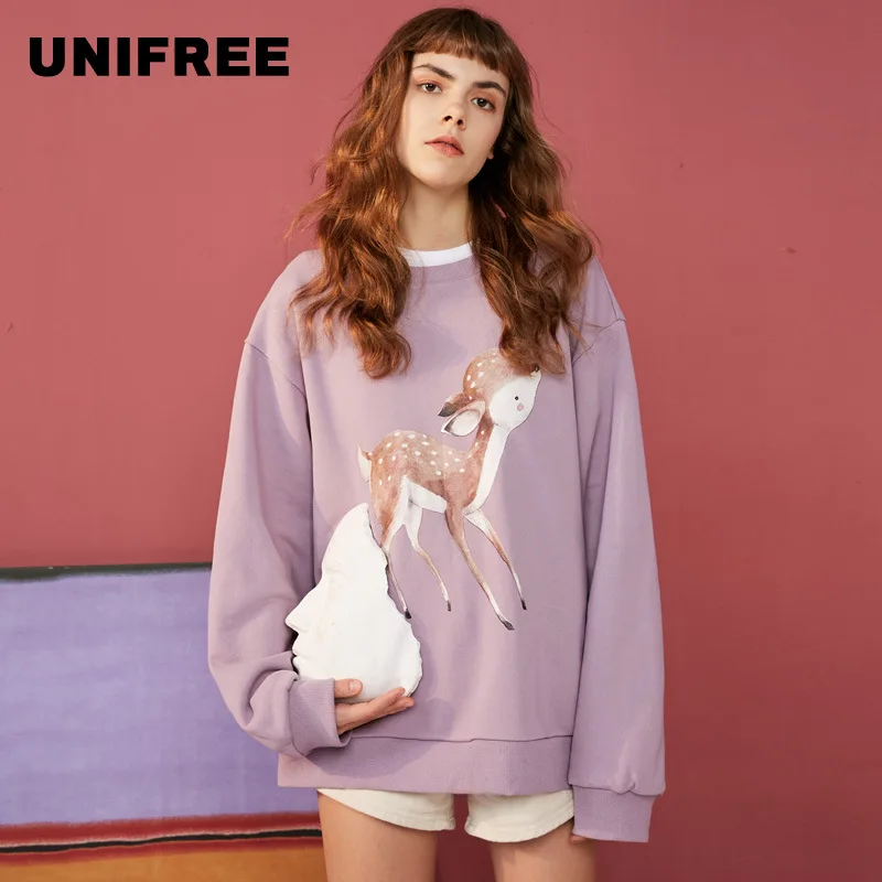 

UNIFREE sweater female Korean version of the autumn autumn long cartoon round neck foreign air lazy wind UCC183A071