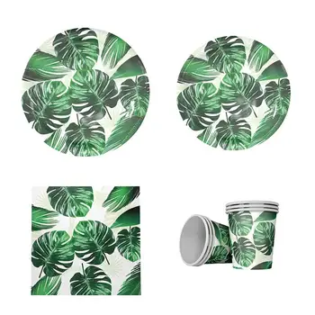 

28pcs Hawaiian Theme Disposable Tableware Paper Cup Monstera Leaf Printing Plates Napkins Set Dinnerware Set Summer Party
